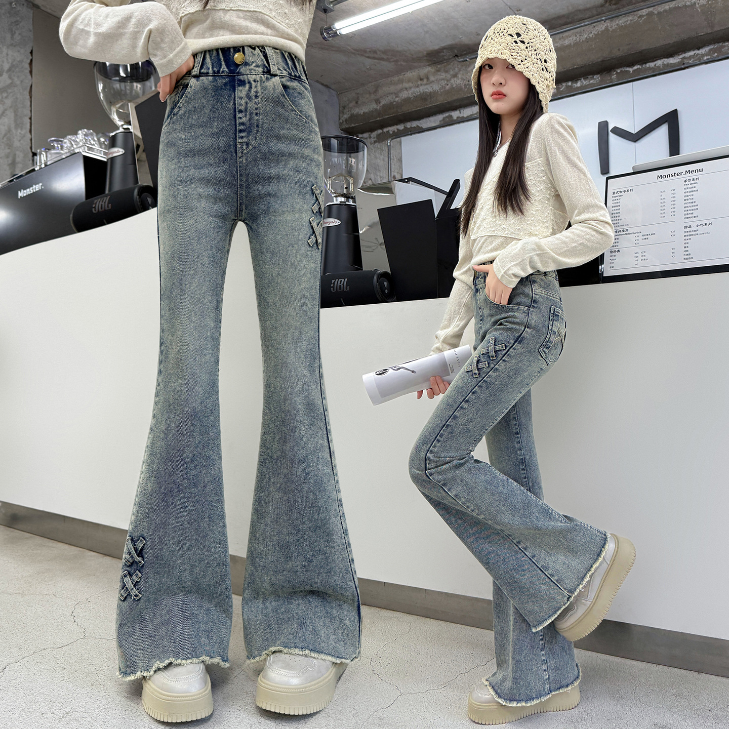 跨境女童装秋装牛仔裤2025新款儿童春秋中大童时髦牛仔喇叭裤