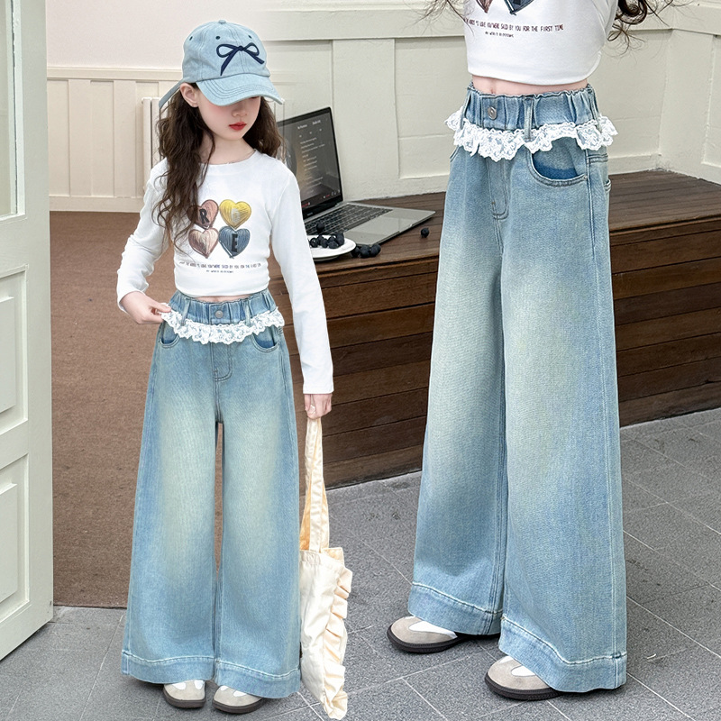 女童蕾丝花边牛仔裤春秋2025新款儿童中大童阔腿裤初中生韩版裤子