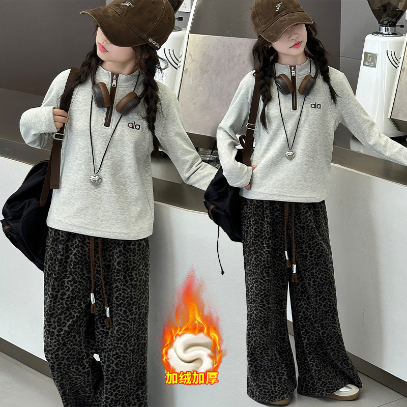 跨境女童套装秋冬加绒保暖衣服2025新款儿童洋气高弹打底衫豹纹