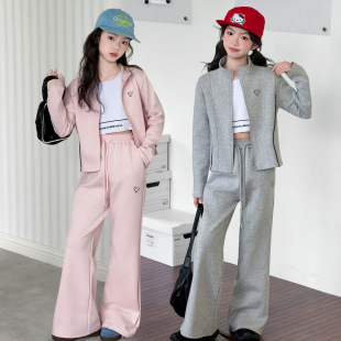 春装套装女童休闲灰色拉链开衫外套阔腿裤两件套春秋2026新款洋气