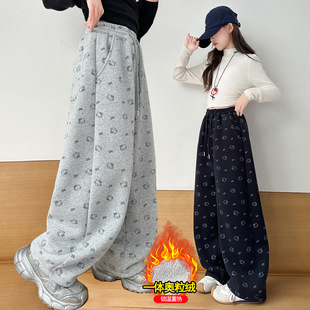 女童加绒裤子2025秋冬新款洋气Kitty猫印花阔腿裤大童加绒直筒裤