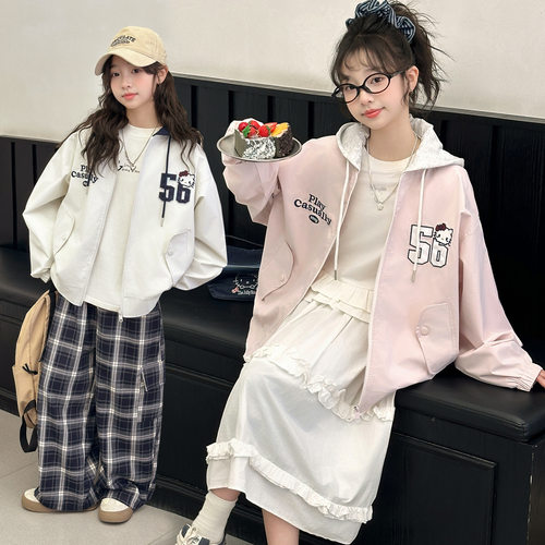 跨境女童春装时髦风衣外套2026新款大童洋气开衫儿童棒球服潮夹克