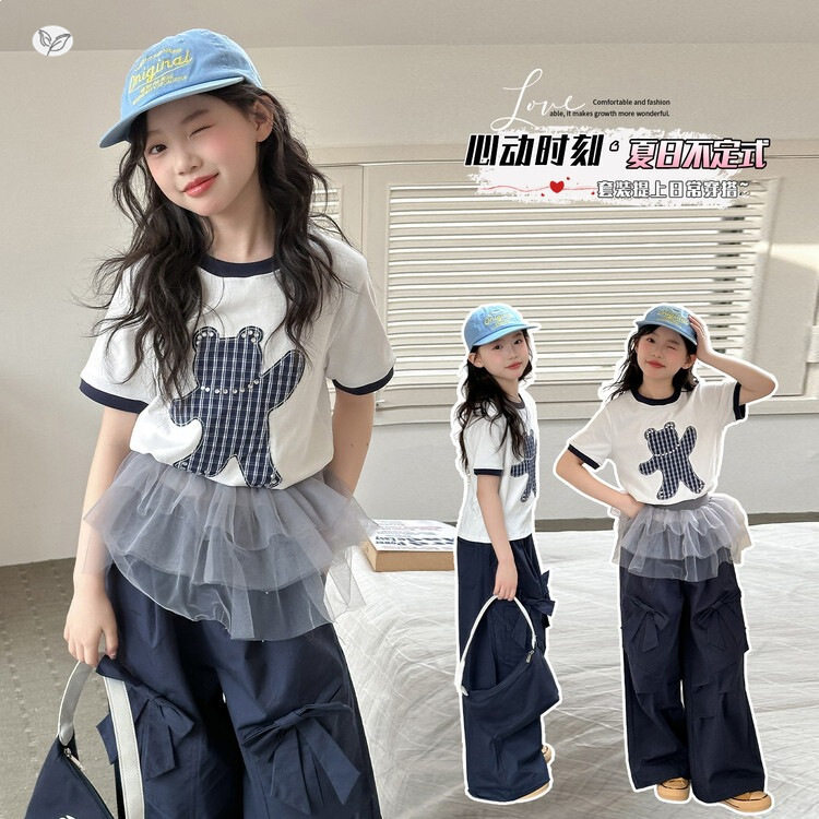 女童夏季新款中大童甜酷小熊T恤蝴蝶结工装裤撞色短袖套装