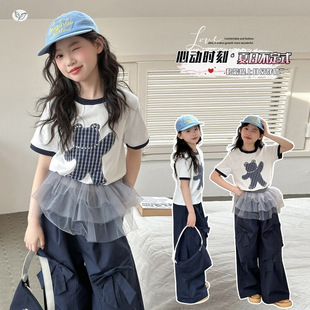 女童夏季新款中大童甜酷小熊T恤蝴蝶结工装裤撞色短袖套装