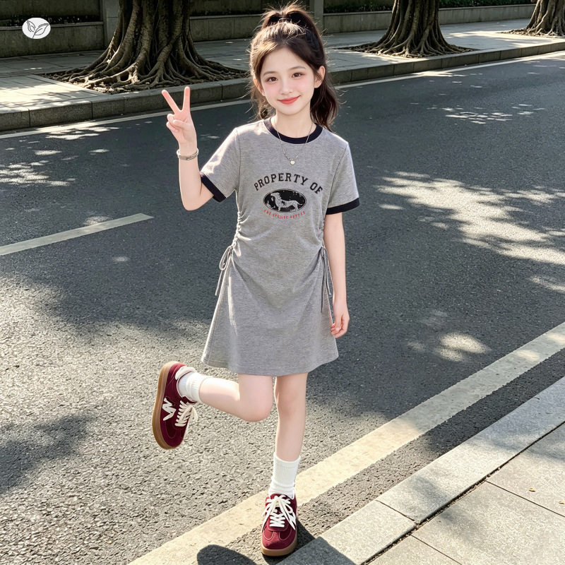 女童卡通印花连衣裙夏季新款中大童抽绳收腰T恤裙撞色中长裙