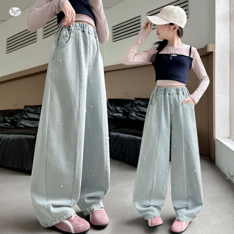 女童春季新款中大童珍珠牛仔裤休闲浅蓝色阔腿裤直筒裤