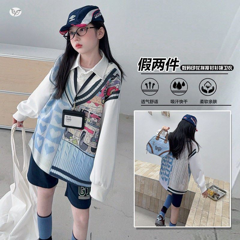 女童春季新款中大童假两件polo衫数码印花卫衣休闲长袖上衣