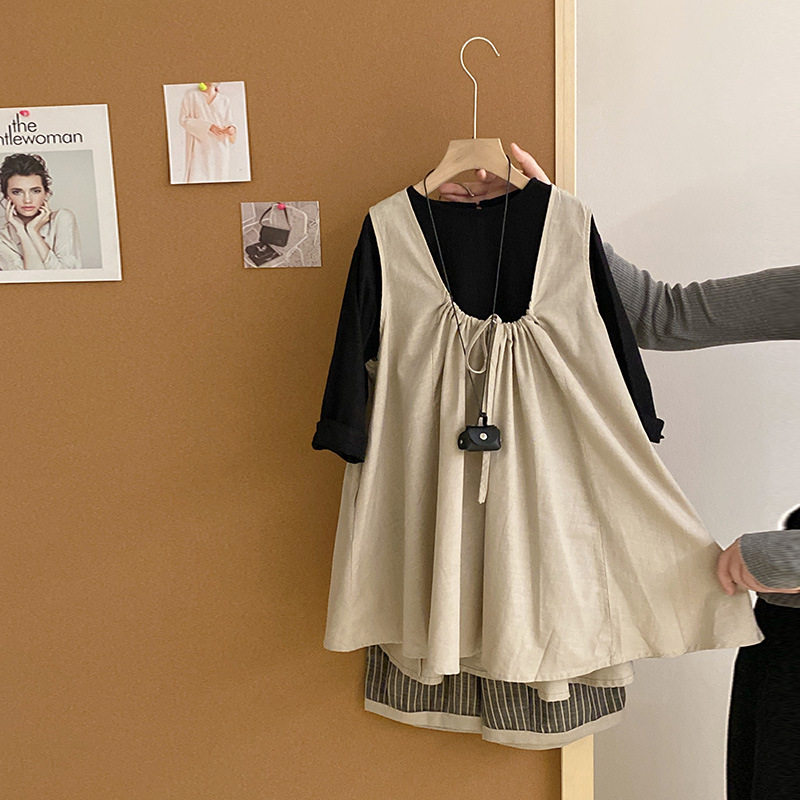 女童春秋季宽松遮肉长袖打底衫松弛深V背心裙条纹显瘦休闲裤套装