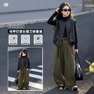 女童春秋新款中大童马甲套装韩系皮衣弯刀裤春装三件套