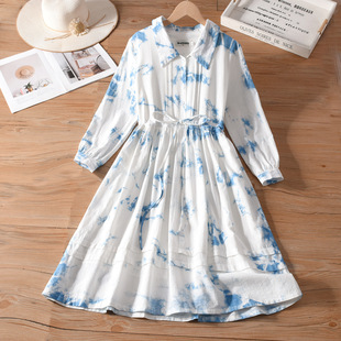 云南手工扎染新款连衣裙文艺甜美收腰长袖女装春秋款宽松中长裙子