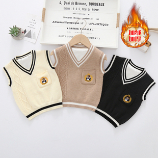 2025秋冬加绒儿童马甲女童针织衫童装男童学院风v领无袖坎肩背心