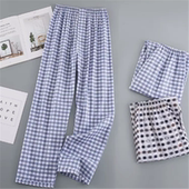 男士 睡裤 全棉加大码 宽松休闲格子长裤 有门襟 夏季 家居裤 纯棉薄款