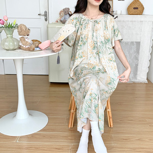 裙子绵绸睡衣韩版 中长款 可外穿宽松连衣裙 纯棉绵绸薄款 睡裙女夏季