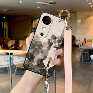 适用vivoS19手机壳新款月白金玫瑰S19Pro时尚女款S20高级感全包防摔S20Pro可背斜挎绳腕带支架花朵高端外壳