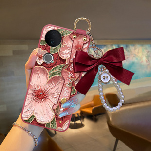适用于vivoS20手机壳新款手链油画红茶花S30pro蝴蝶结珍珠挂绳S19高端腕带支架全包保护套S18高级感外壳油画