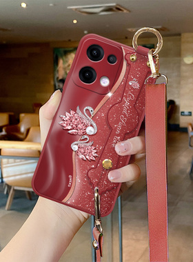 适用于OPPOReno13手机壳新款reno15pro红色清新ins风鎏金天鹅时尚带挂绳reno14女款高级感外壳全包可背斜挎
