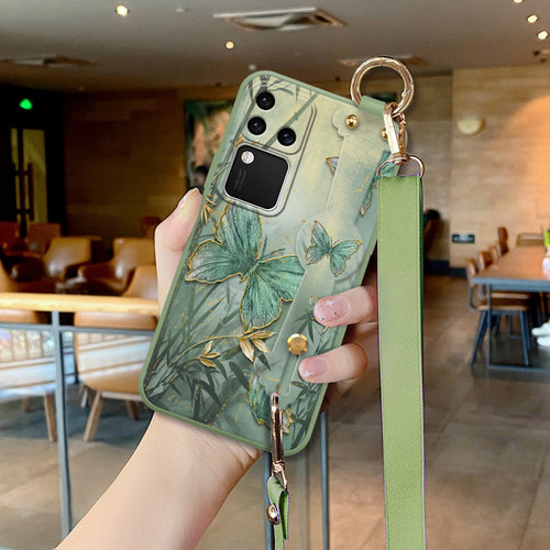 适用vivoS18手机壳带挂绳墨竹蝴蝶s18pro新款腕带支架s20女款高端s20pro可背斜挎绳s12全包防摔s9硅胶保护套