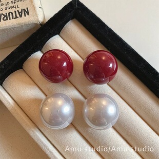 新年红色大号珍珠耳钉女2025新款爆款百搭气质感耳环过年耳饰