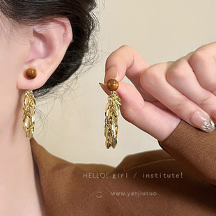 金色羽翼~美拉德虎眼石麦穗流苏耳环女秋冬感耳钉方圆脸耳饰