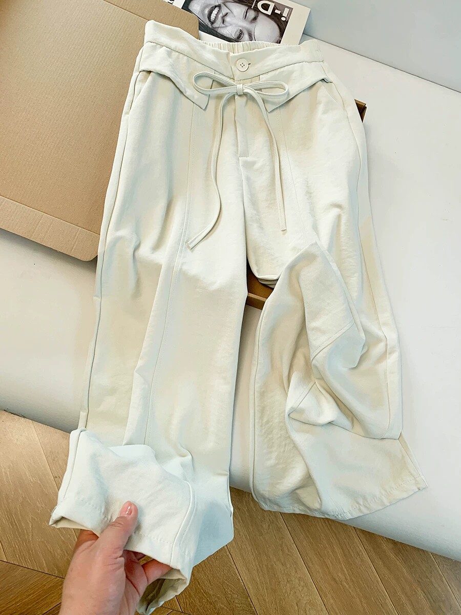 LRzx白色阔腿裤女高腰垂感宽松显瘦休闲裤小个子慵懒风直筒长裤子