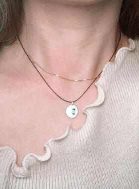 Yu.Xin原创设计手工纯银项链创意哑光锆石镶嵌蓝宝石皮绳锁骨链