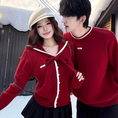 红色蝴蝶结系带毛衣女秋冬