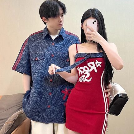 小众设计感短款吊带连衣裙女情侣装2025夏季新款男衬衫显瘦上衣
