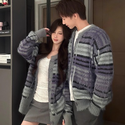 美式撞色条纹开衫毛衣男女