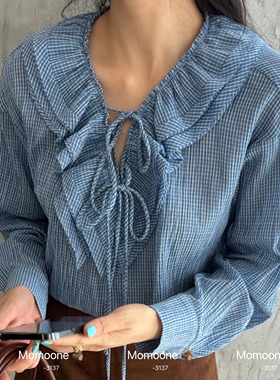 木耳边仙气系带蓝条小衫03753