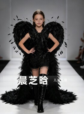 出租女童黑色恶魔精灵万兽之王羽毛翅膀拖尾赛服模特走秀礼服潮服