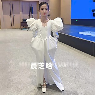 出租女童白色复古港风宫廷赫本风模特走秀舞台演出生日主持人礼服