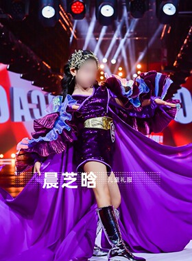 出租女童紫色闪亮PK赛服运动芭蕾梦境之旅模特走秀演出潮服礼服