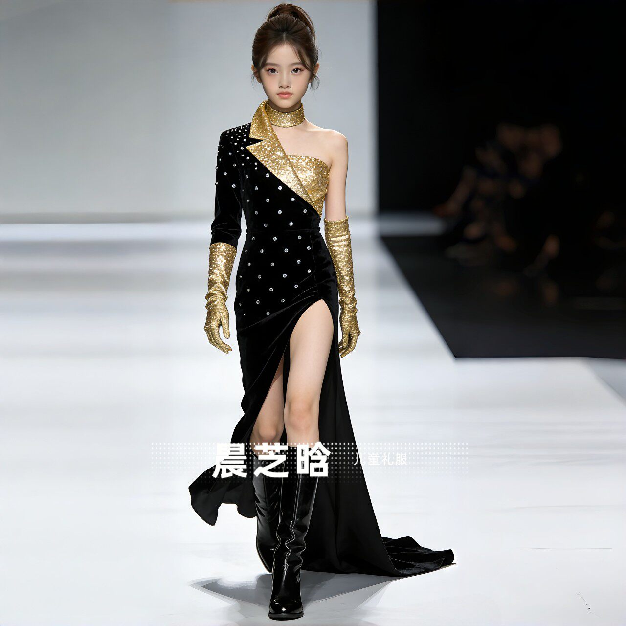 出租女童黑色金色撞色复古港风PK赛服模特走秀西服演出潮服礼服