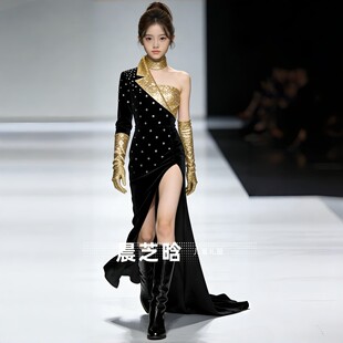 出租女童黑色金色撞色复古港风PK赛服模特走秀西服演出潮服礼服