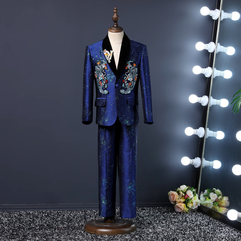 出租男童蓝色星辰大海模特走秀晚礼服儿童国潮年会主持演出服西装