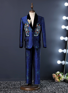 出租男童蓝色星辰大海模特走秀晚礼服儿童国潮年会主持演出服西装