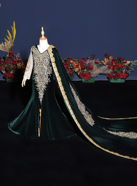 出租女童绿色复古宫廷风罗马假日鱼尾儿童模特走秀主持车模晚礼服