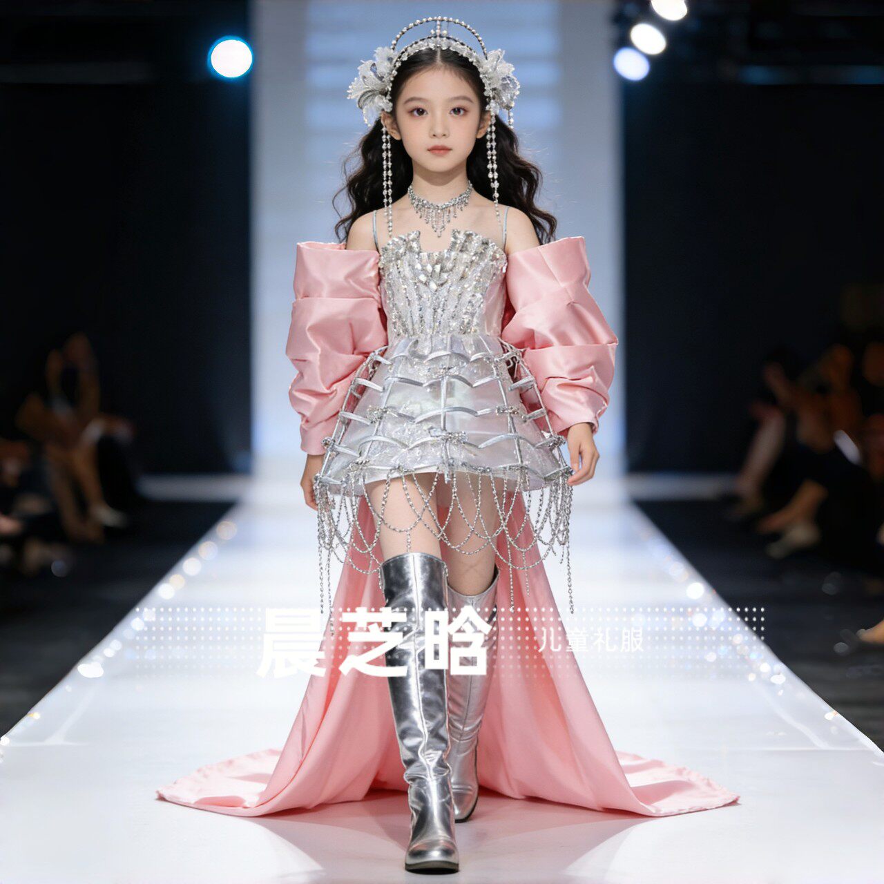 出租女童粉色银色重工精灵天使梦境之旅模特走秀生日主持演出礼服