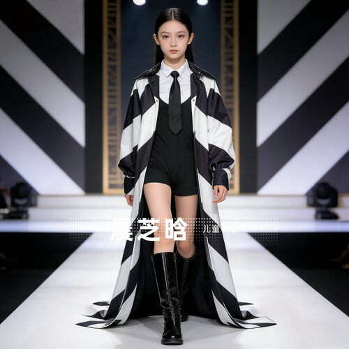 出租女童黑白条纹广式复古风PK赛服老钱风模特走秀演出潮服礼服