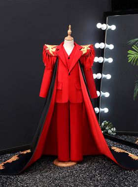 出租男童岩浆红色登峰华夏金龙模特走秀儿新中式侠客风车模晚礼服