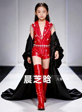 出租女童黑红色复古勋章主题国潮港风PK赛服模特走秀礼服潮服