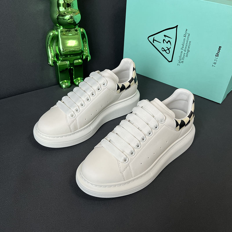 T31黑白棋盘格撞色休闲鞋透气牛皮圆头系带小白鞋松糕底板鞋女