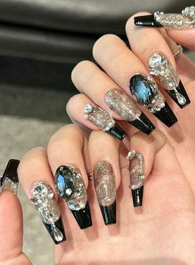 黑色法式轻奢风纯手工穿戴甲暗黑辣妹满钻深夜繁星爆闪大钻美甲贴