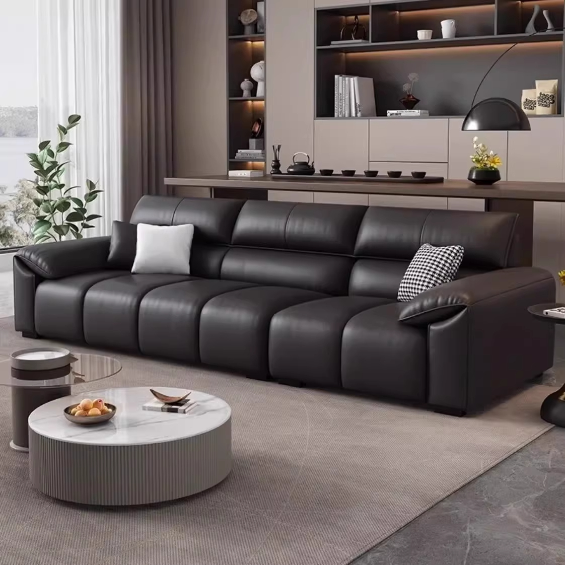 2025新款钢琴键真皮沙发意式极简头层牛皮小户型客厅皮艺直排组合