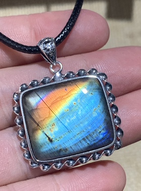 拉长石灰月光吊坠银镶嵌复古风格