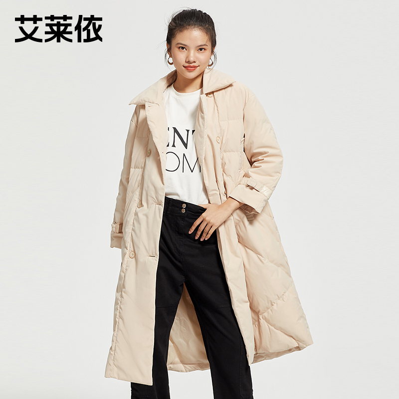 【直播专享】艾莱依冬季大牌修身长羽绒服女收腰系带翻领鸭绒外套