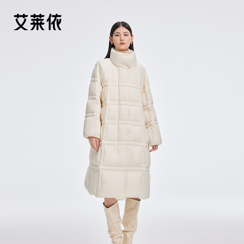 艾莱依格纹随性羽绒服商场同款曲线型绗缝舒适优雅长款秋冬外套女