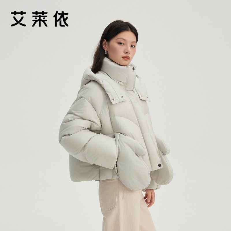 艾莱依短款羽绒服新款可脱卸手套连帽设计感时尚鸭绒保暖简约外套
