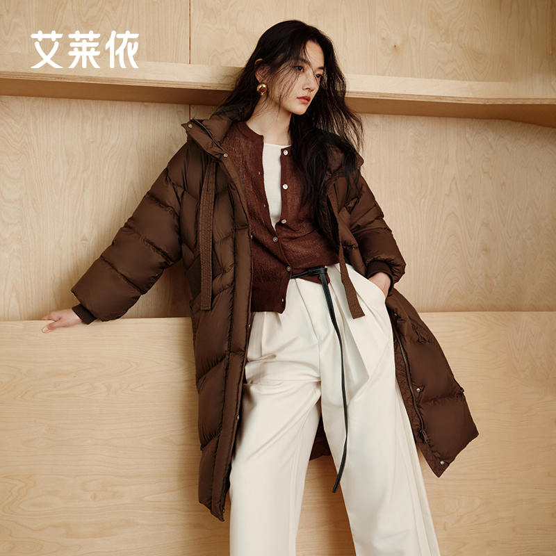 艾莱依羽绒服女冬季新款加厚面包服时尚保暖休闲长款飘带外套爆款