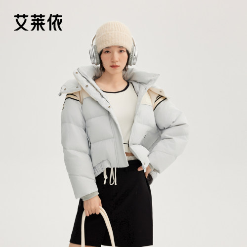 艾莱依复古灯芯绒拼接短款羽绒服